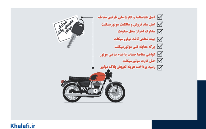 مدارک لازم برای تعویض پلاک موتور سیکلت در تصویر مشخص شده است.